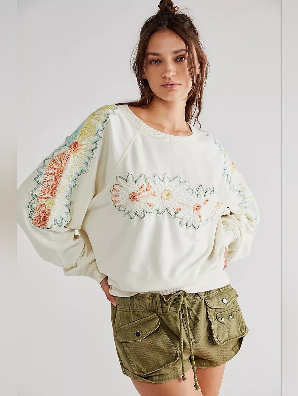 We The Free Cream Sunshine Pullover, M, Coastal, Embroidered, Buttery Cream